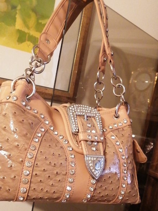 Silverake Handbags - Silverake Ostrich Embossed Vegan Leather With Sparkling Crystals ShoulderBag